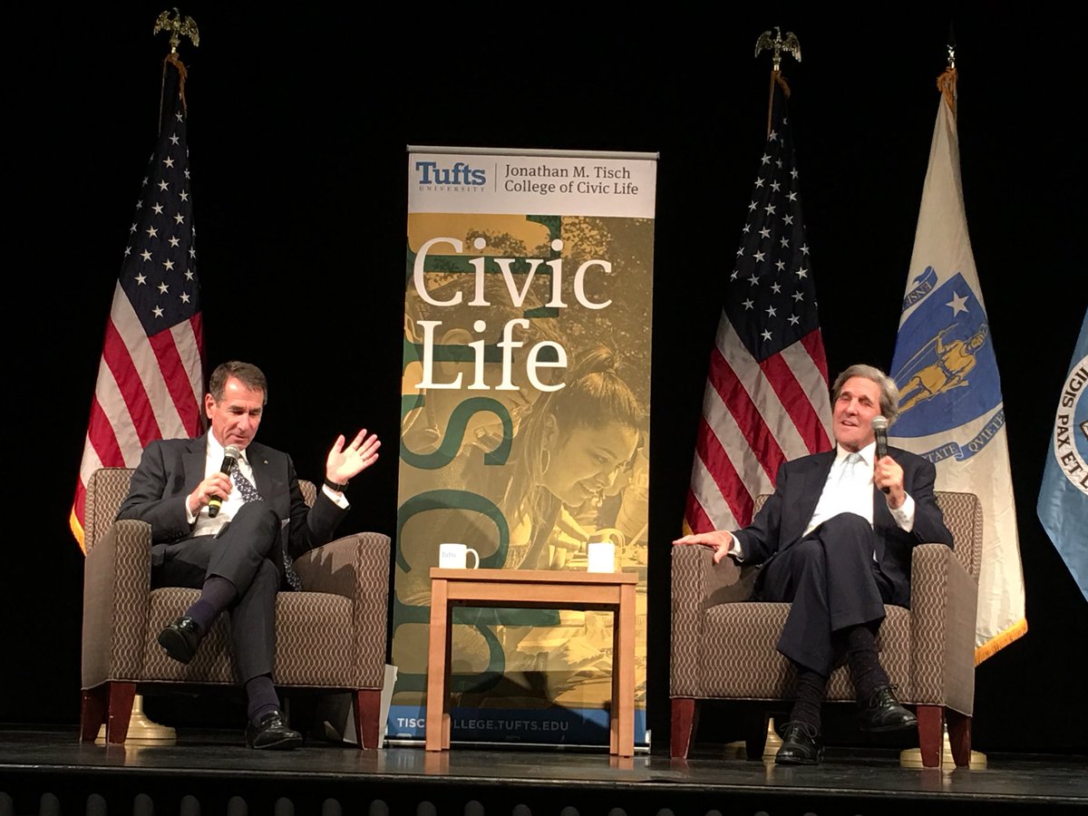 TischCollege's tweet photo. Our guest tonight @JohnKerry speaking with our Dean Alan Solomont about the tumultuous 60s and 70s in America. “But we fought back. And we made things that mattered to us voting issues.” #JohnKerryAtTufts #EveryDayIsExtra https://t.co/kL01ynP4kT