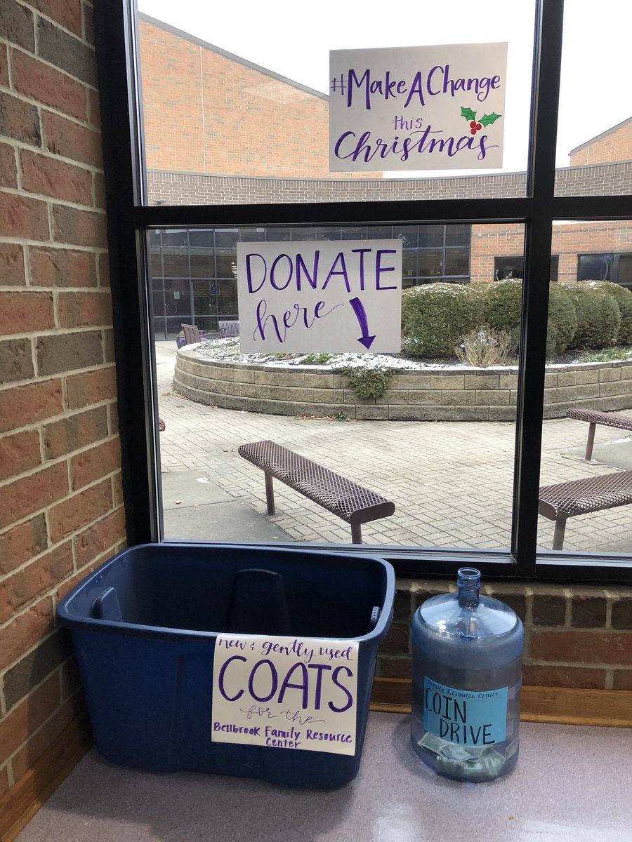 brookstudentgov's tweet photo. The bins to donate old &amp; new coats and whatever change you can bring in are in this window right outside of the office!! We hope you'll help us #MakeAChange this holiday season for the Bellbrook Family Resource Center! 🧥 https://t.co/F55YvORLVe