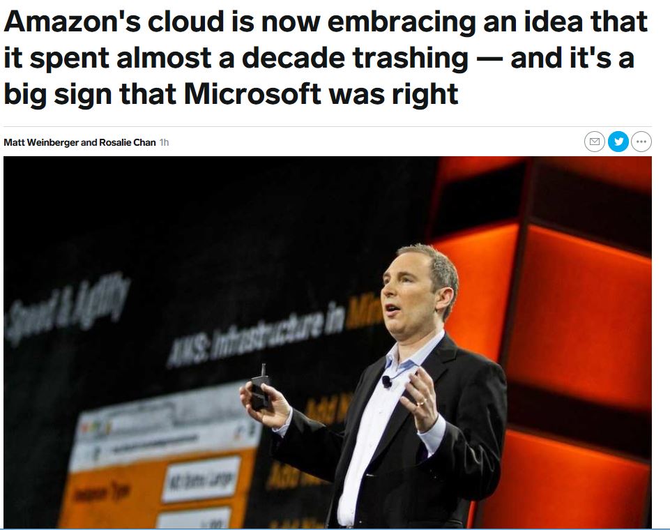 Darmour_MSFT's tweet photo. Amazon's cloud is now embracing an idea that it spent almost a decade trashing — and it's a big sign that Microsoft was right.
(#AzureStack)
https://t.co/bGqmMwAMTd https://t.co/fgxK2a7HFi