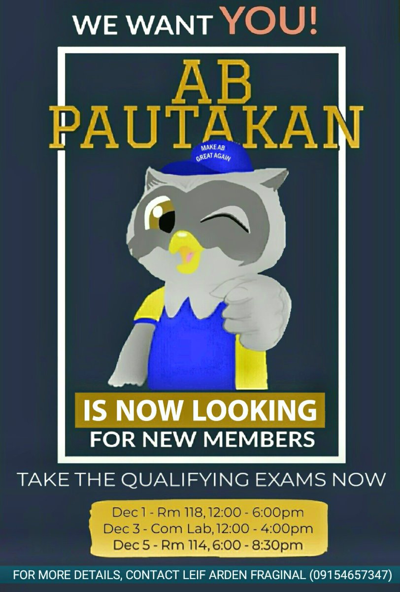 ust_absc's tweet photo. THE AB PAUTAKAN TEAM IS NOW LOOKING FOR NEW MEMBERS!

Open to all First to Fourth Year Artlets who are interested in the fields of Humanities, UST History, Science, Mathematics, General Information, and History. 

Save the dates and take the qualifying exams now!

(1/2) https://t.co/iltAeaROLg