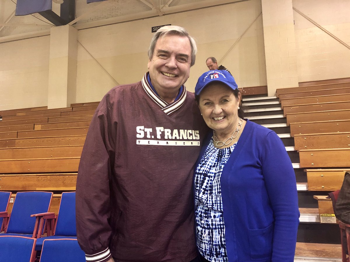 SFBKTerriers's tweet photo. We would like to thank Beth &amp; Jack McCue for coming out to support @sfbkmbb down in South Carolina! 

Jack graduated from SFC in 1974. He was a member of the men’s basketball team and was inducted into our Hall of Fame in 2000. #SFBKFamily https://t.co/ZXYHdwx3Q9
