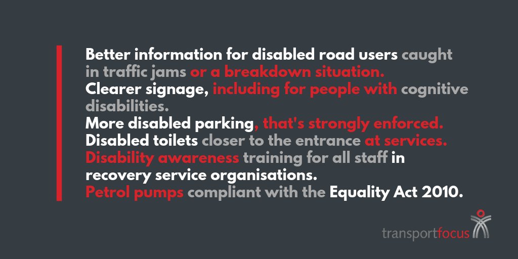 TransportFocus's tweet photo. Action required to deliver #accessibleroads #inclusivetransport: in our latest new research published today #disabled road users identify key changes required to radically improve their experience when travelling on major ‘A’ roads and motorways: https://t.co/5iYJi5DBbz https://t.co/S6CQPmAErA