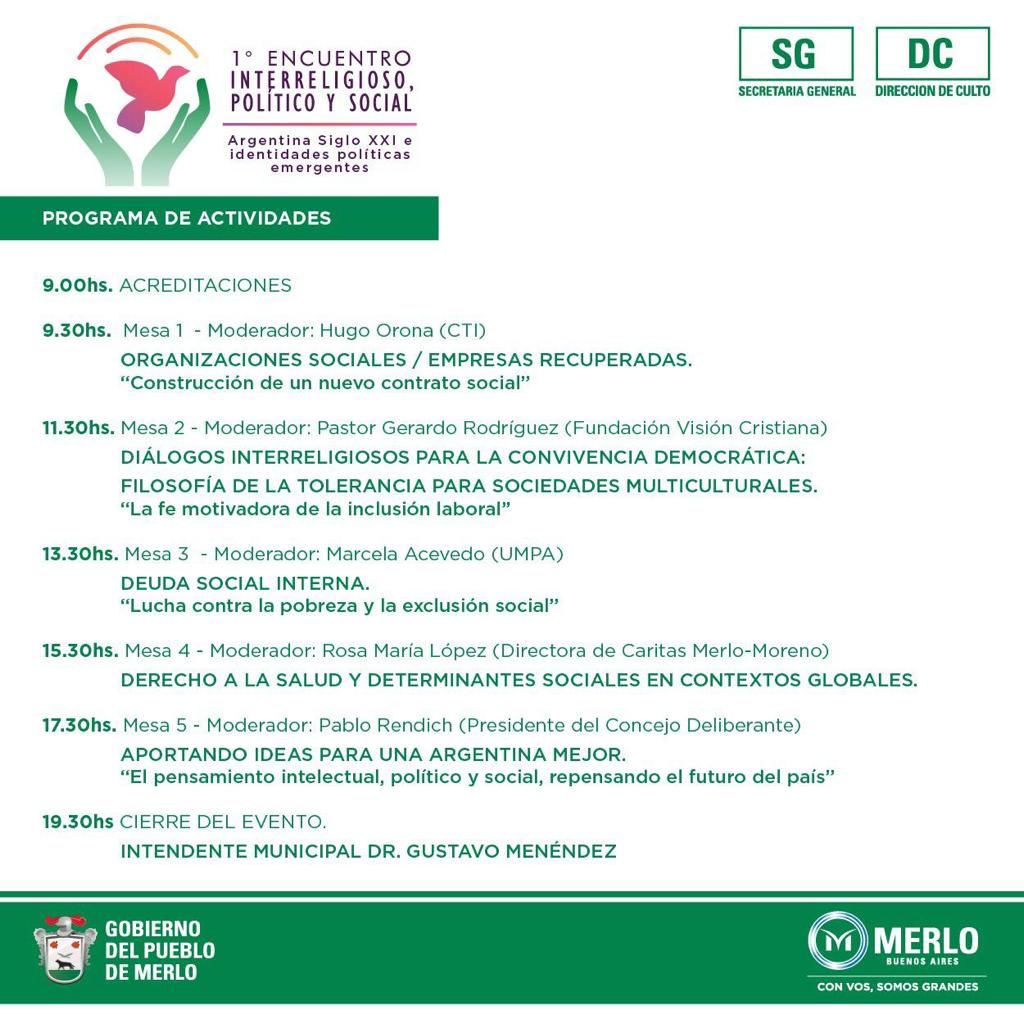 GeneralMerlo's tweet image. 1° encuentro interreligioso, político y social. 
29 de noviembre de 9 a 19 hs. 
Av. Constitución 152.
Dirección de culto.