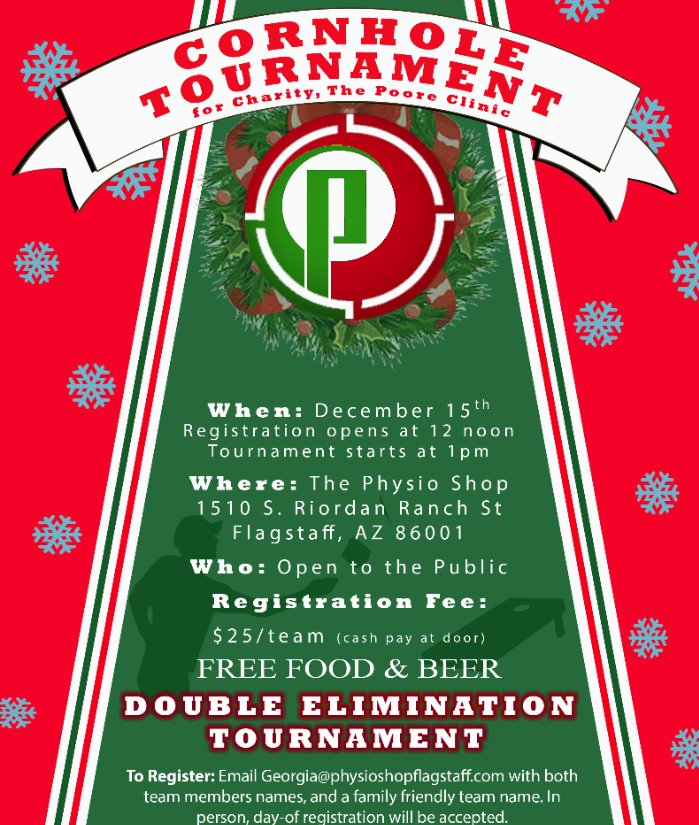 PhysioShopFlag's tweet photo. Sign up today for The Physio Shops Cornhole Tournament on December 15th. All proceeds go to benefit The Poore Clinic. https://t.co/6srvt3erP1