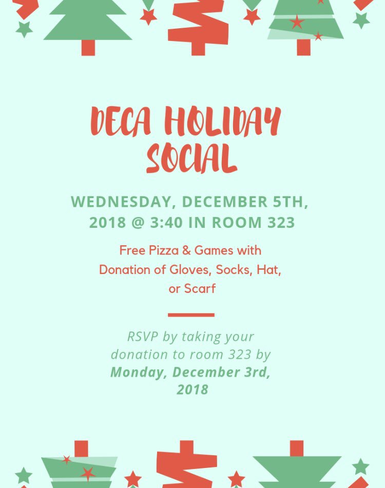 You don’t want to miss our annual Holiday Social on Wednesday, December 5th ! Spread holiday cheer by donating gloves, socks, hat, or scarf by Monday, December 3rd as your RSVP! #deckthehallswithdeca 🎄🎅🏼🧤🧣