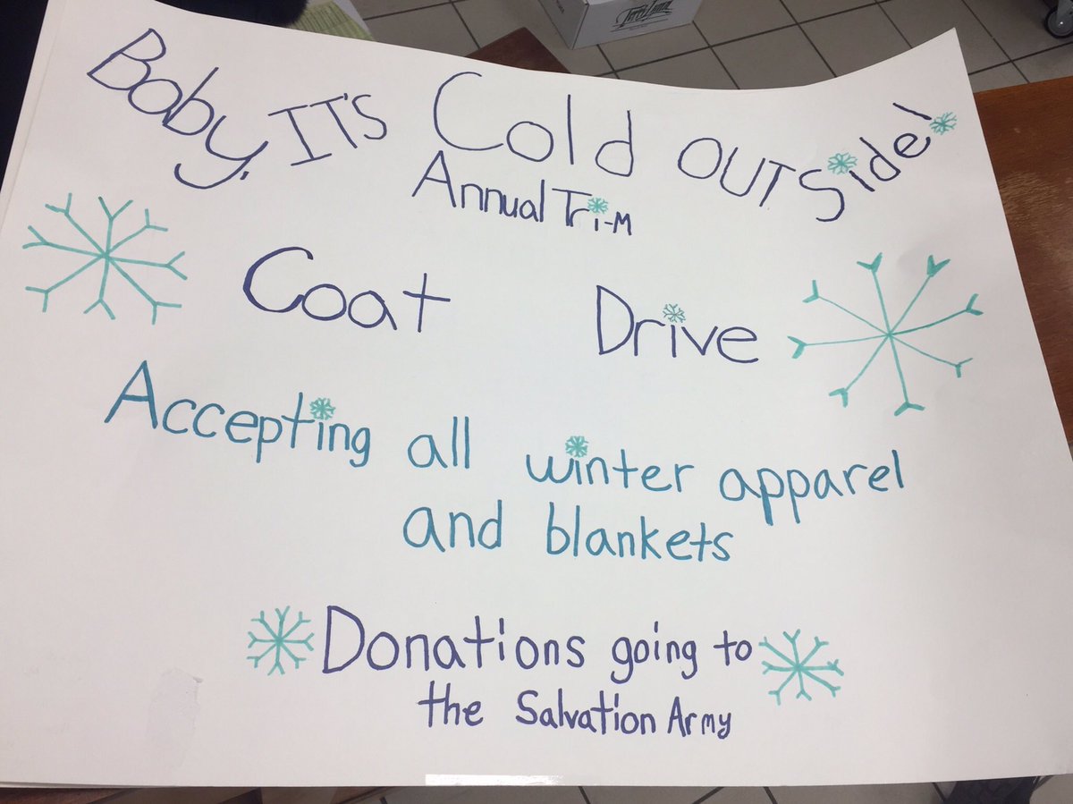 MBbchs's tweet image. The Tri-M Annual Winter Coat Drive has BEGUN!! Coat drive donations can be brought to the bins either in the Atrium or in between the sets of doors to the Main Lobby.

HUGE thank you to the Tri-M Publicity Committee for working hard on these beautiful posters