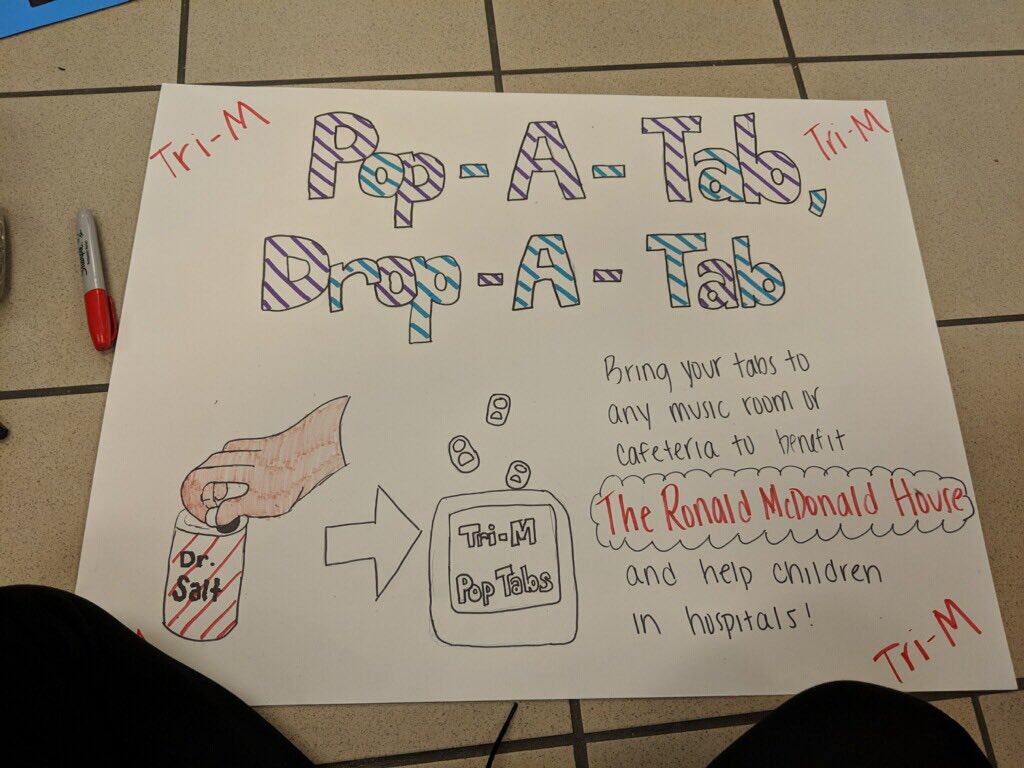 MBbchs's tweet image. The Tri-M Pop Tab Collection has BEGUN!! Pop Tabs can be brought to any of the music rooms or cafeterias. 

Help support your local community by giving back to those who need it!

HUGE thank you to the Tri-M Publicity Committee for working hard on these beautiful posters