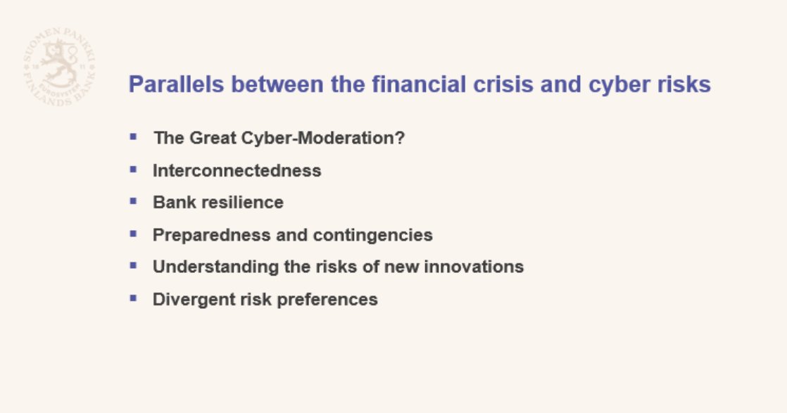 In her speech at the 2nd Annual Nordic Cyber in Finance Conference Deputy Governor <a href="/MarjaNykanen/">Marja Nykänen</a> named parallels between financial stability and #cybersecurity. Find the whole speech on our website. suomenpankki.fi/fi/media-ja-ju… #cyberinfinance