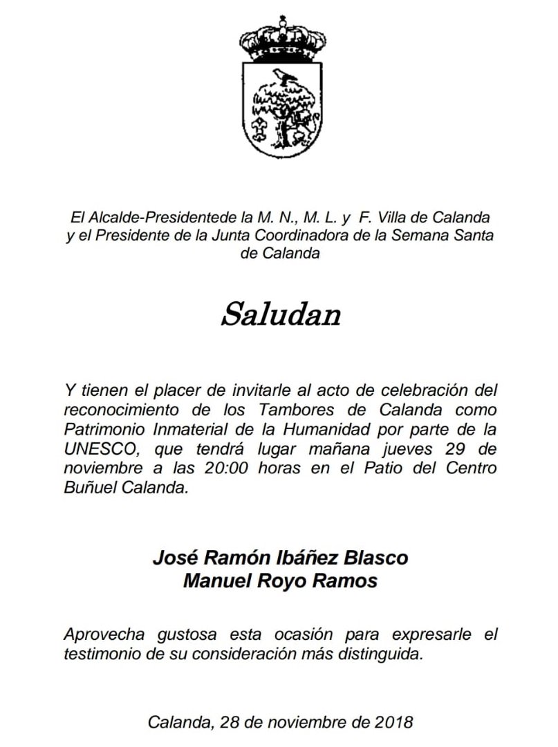 🥁🏆 Acto celebración del reconocimiento de los tambores de Calanda como Patrimonio Inmaterial de la Humanidad por la <a href="/UNESCO_es/">UNESCO en español 🏛️#Educación #Ciencia #Cultura</a> 

🗓️ 29/11/18
⏰ 20:00h en el patio del <a href="/BunuelCBC/">Centro Bunuel Caland</a> 
🥁 Participa con tu tambor o bombo (sin túnica)
🔊 Se tocará la marcha palillera durante 15 min