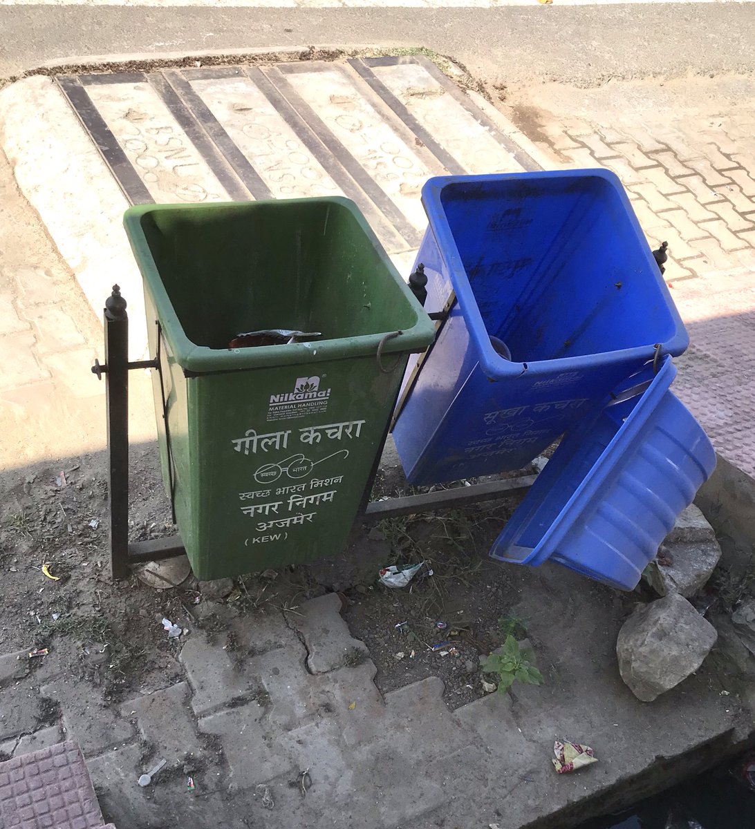 PerennialPeace's tweet photo. Waiting to be cleaned and used ..... municipal corporation of @swachhajmer installed these good quality dust bins all over city. A year later most of them are misused, underused, not used properly or are in bad condition. What may have went wrong ? @SwachhBharatGov @MoHUA_India https://t.co/CPJXTrgVd6