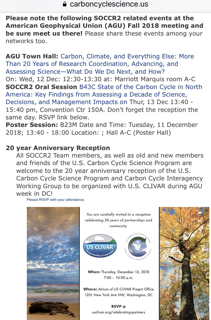 USCarbonProgram's tweet photo. Our #soccr2 #20yearsofcarbonprogram events @theAGU #AGU18. Mark your calendars. Also many more #NCA4 &amp; #ClimateChange AGU events @usgcrp, @NACP_Carbon @US_OCB @USCLIVAR https://t.co/pmieEBlqjo