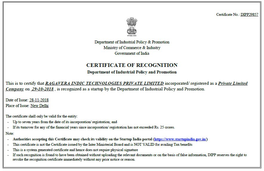 RaGaVeRa_Indic's tweet photo. We are now officially recognized as a startup by the Department of Industrial Policy and Promotion (DIPP), Govt of India. 🙏 https://t.co/NWeg0leZ8c