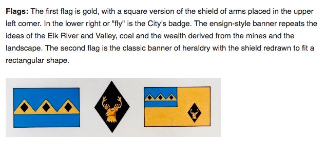 24: FERNIE (5.89 points) - THIS IS FROM FERNIE'S WEBSITE, AND I'M SORRY, YOU CAN'T HAVE TWO FLAGS, YOU HAVE TO CHOOSE- 1st flag (on the left) is better, much more distinctive, etc.- Fernie is still a coal-based economy today, so we'll allow the design- But two flags = no