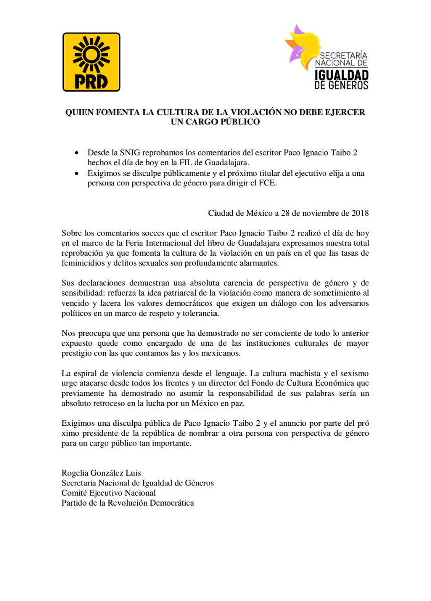 "Quién fomenta la cultura de la Violación NO debe de ejercer un cargo público": Rogelia González Luis <a href="/RogeliaGLuis/">Rogelia González Luis</a> Secretaria Nacional de Igualdad de Géneros del CEN del <a href="/PRDMexico/">PRD</a>
