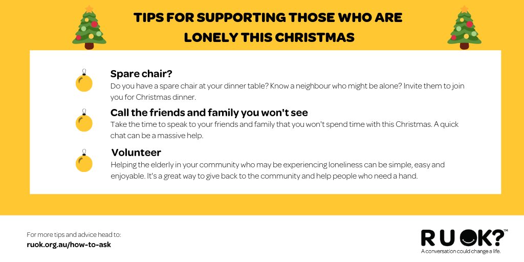 ruokanyday's tweet photo. Feeling lonely during the holidays is never easy, and reaching out to others can often seem difficult or scary. Take some time this Christmas to think of and support those who may be struggling. #RUOK #RUOKDay https://t.co/ISgZWxeXtp