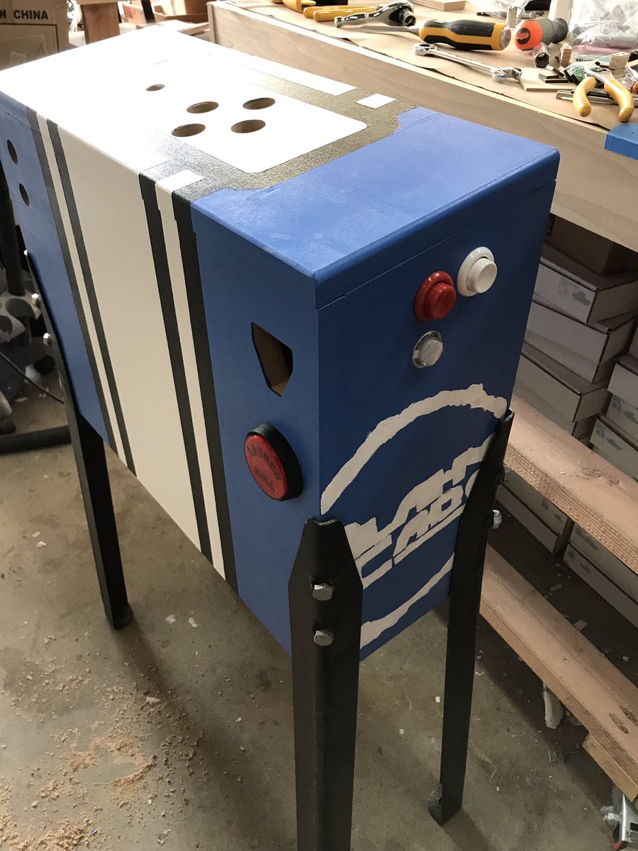 BlahCade's tweet photo. It’s finally up on legs! Also soldered the board together. Waiting on some connectors to ship, should be wired and playable next week with only some cosmetic things left to address. @jerware @Mel_G_Kirk @zen_studios #PinSim #MicroCab https://t.co/ajmk3IsWYK