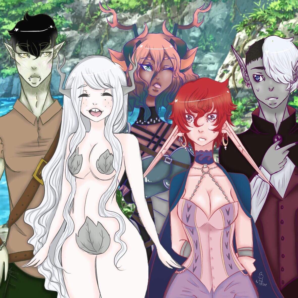 FluffyChan411's tweet photo. I drew my dnd group xD #dungeonsanddragons #ocs #Artemis #EarthGenasiRanger #Rhiannon #HalfFeyDruid #Ariasolis #TieflingRofueWarlock #FaylinnTrofina #HighElfSorcerer #VaranXistsrith #DarkElfScorcerer https://t.co/KtKmDQ8QQ8
