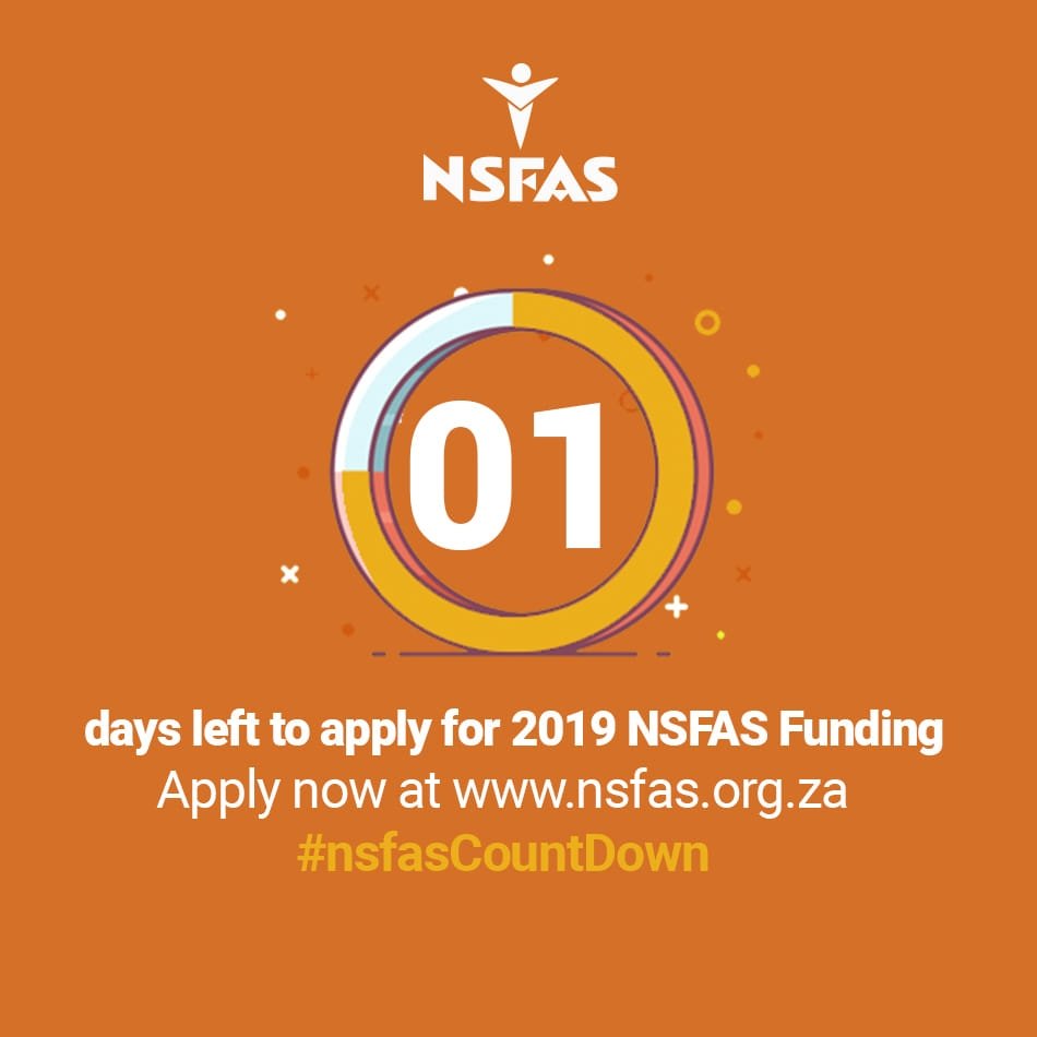 myNSFAS's tweet photo. If you haven't applied for 2019 NSFAS funding then today is the day to do so, applications close tomorrow. It's easy fam, just go to https://t.co/4gk75HosNN and apply now #nsfasCountdown https://t.co/XiO6ZliZ2S