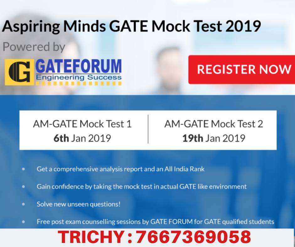 GATEFORUMTRICHY's tweet photo. Aspiring Minds GATE Mock Test 2019 💻 🖱
 ✅ Experience real time exam environment
 ✅ Similar Platform as GATE 2019
 ✅ Benchmark performance against the top students across India
 ✅ Comprehensive Analysis Report. 
 https://t.co/F1TXGDDh0y
 #gate19onlinetests #gate19practice https://t.co/nZaJWPmi7f
