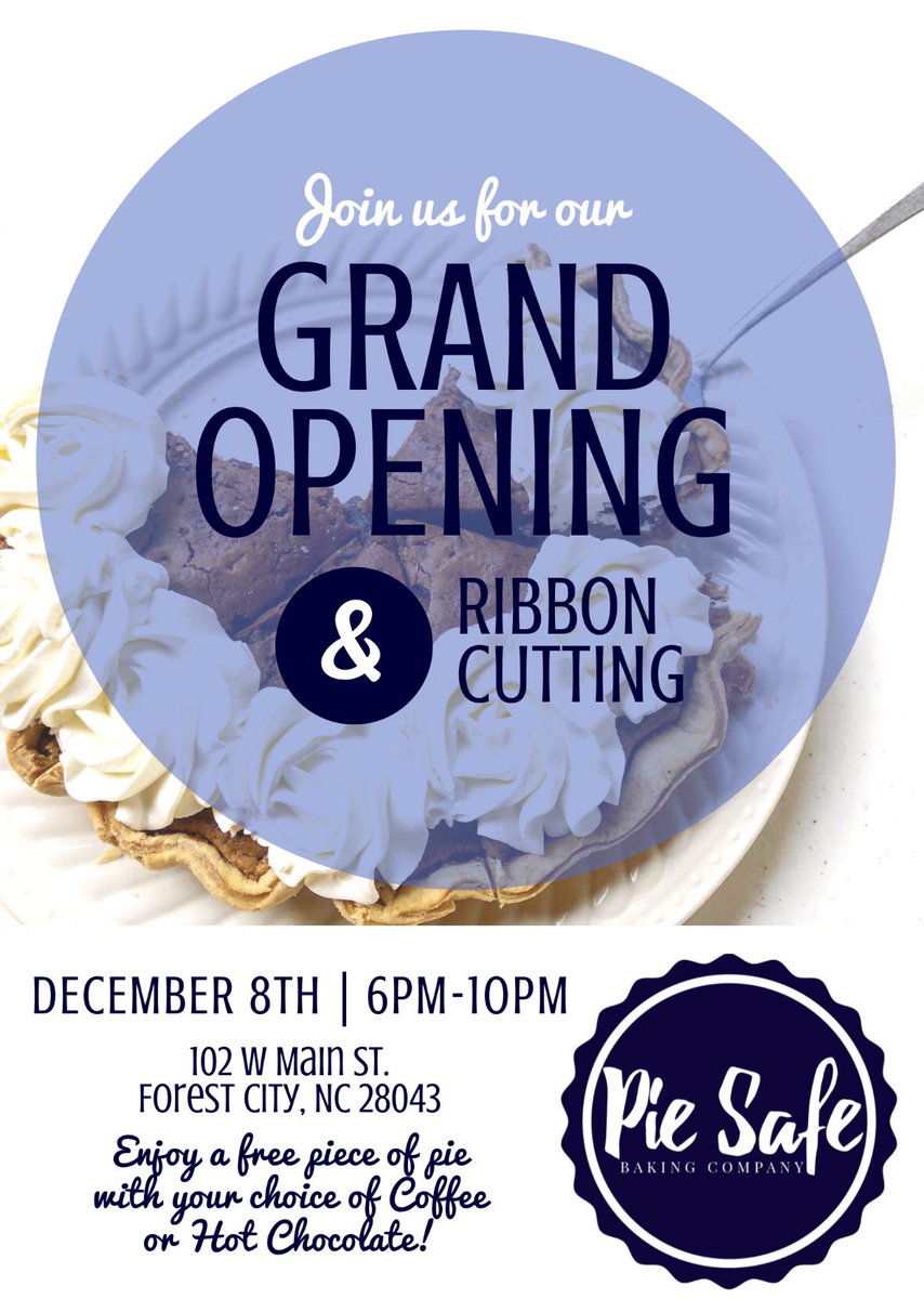 Come see us December 8th for our Grand Opening! 
#piesafebakingco #fcnc #grandopening #forestcityevents