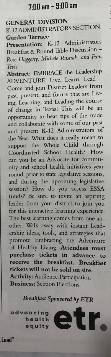 JohnHenry56's tweet photo. .⁦@ETRorg⁩ is proud to sponsor this mornings ⁦@TexAHPERD⁩ #K12Administrators #roundtable on Living, Learning &amp; Leading #healtheducation #physed and the #WSCC approach to #schoolhealth . #texahperd18 https://t.co/mJAn428RpC