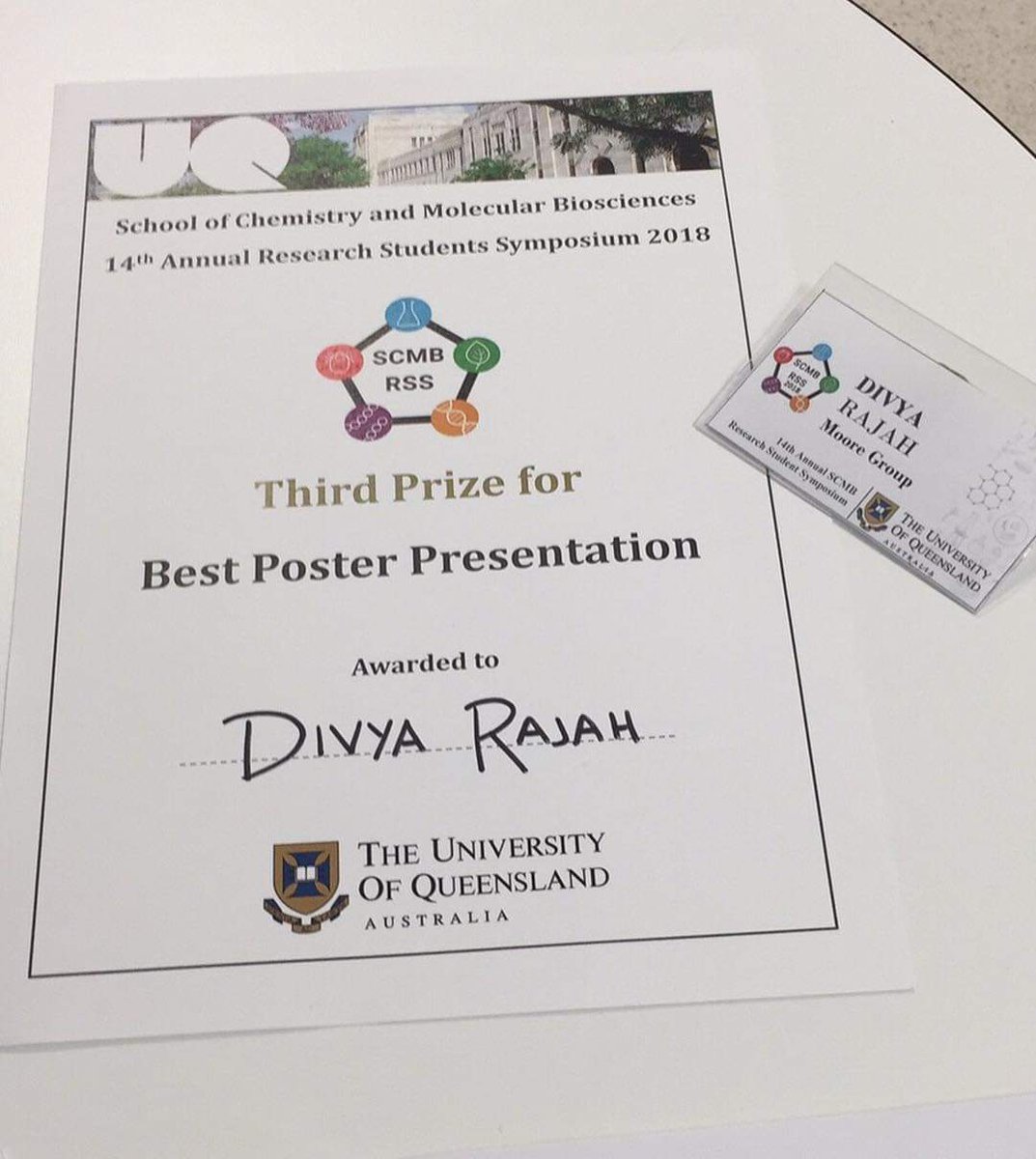 uq_pulse's tweet photo. Congratulation Divya @VyaApple for winning the second runner up for poster presentation in SCMB Annual RSS 2018! #RSS2018 #UQ https://t.co/EZcaCNKq6B