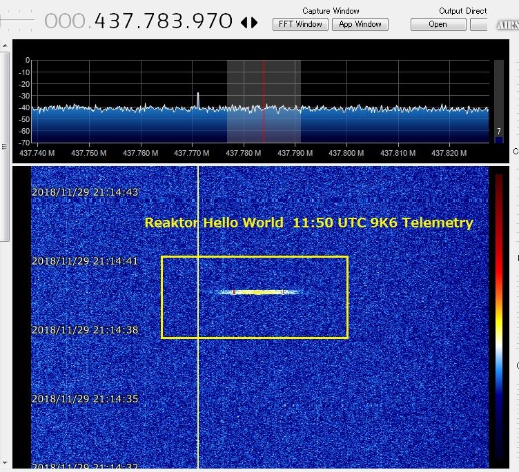 JA0CAW's tweet photo. Reaktor Hello World  11:50 UTC 9K6 Telemetry signal over Japan @RHW_Satellite https://t.co/VbqGchfmfQ