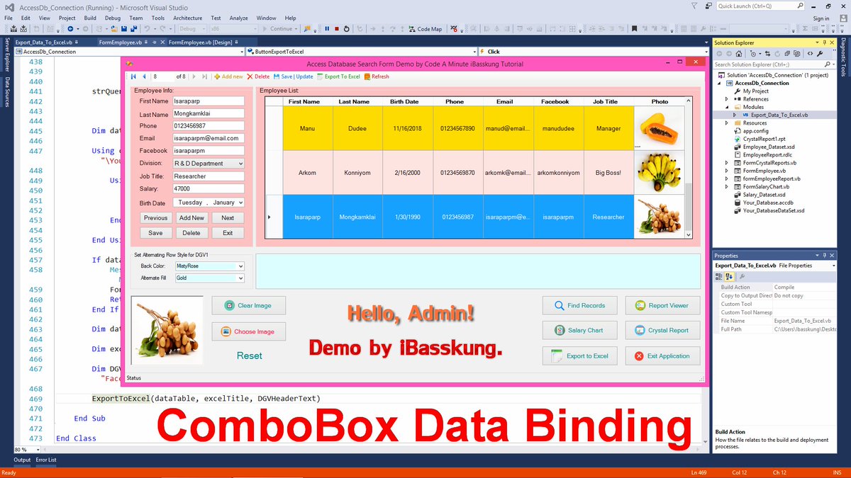 IBasskung's tweet image. 🎥 Visual Basic .Net (VB .Net 2015) : How to Add more Tables to the Database and Link Data to the Form using ComboBox DataBinding.
➜ youtu.be/Hjg9Qw4hpTE
.
💯 THANK YOU SO MUCH! 💯
.
#CodeAMinute #iBasskungTutorial #iBasskungProgrammingTutor #VBNet #VisualBasic .Net