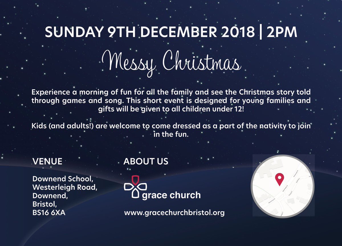 GraceChurchBris's tweet image. 🎄Messy Christmas 🎄 

❄️Sunday 9th December 2018 @ 2pm❄️

Everyone is invited to celebrate Christmas with us through games, songs, &amp;amp; crafts!

#Downend School #Bristol BS16 6XA

#FamilyFriendly especially suitable for all kids under 10.