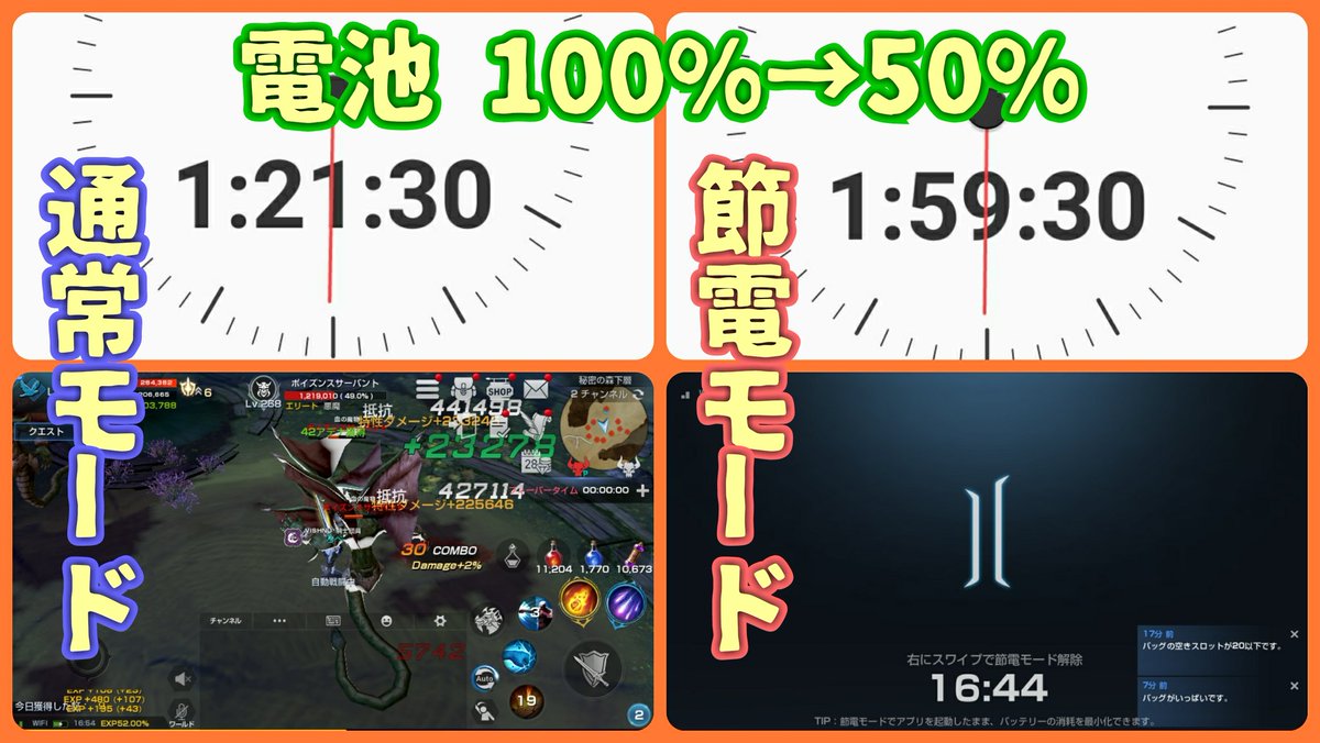 ろぺ リネレボ 無課金player 節電モード 検証 電池100 50 にかかる時間を検証 どちらもエリダン放置狩り 検証機種 Sony Xperia Xz リネージュ2レボリューション