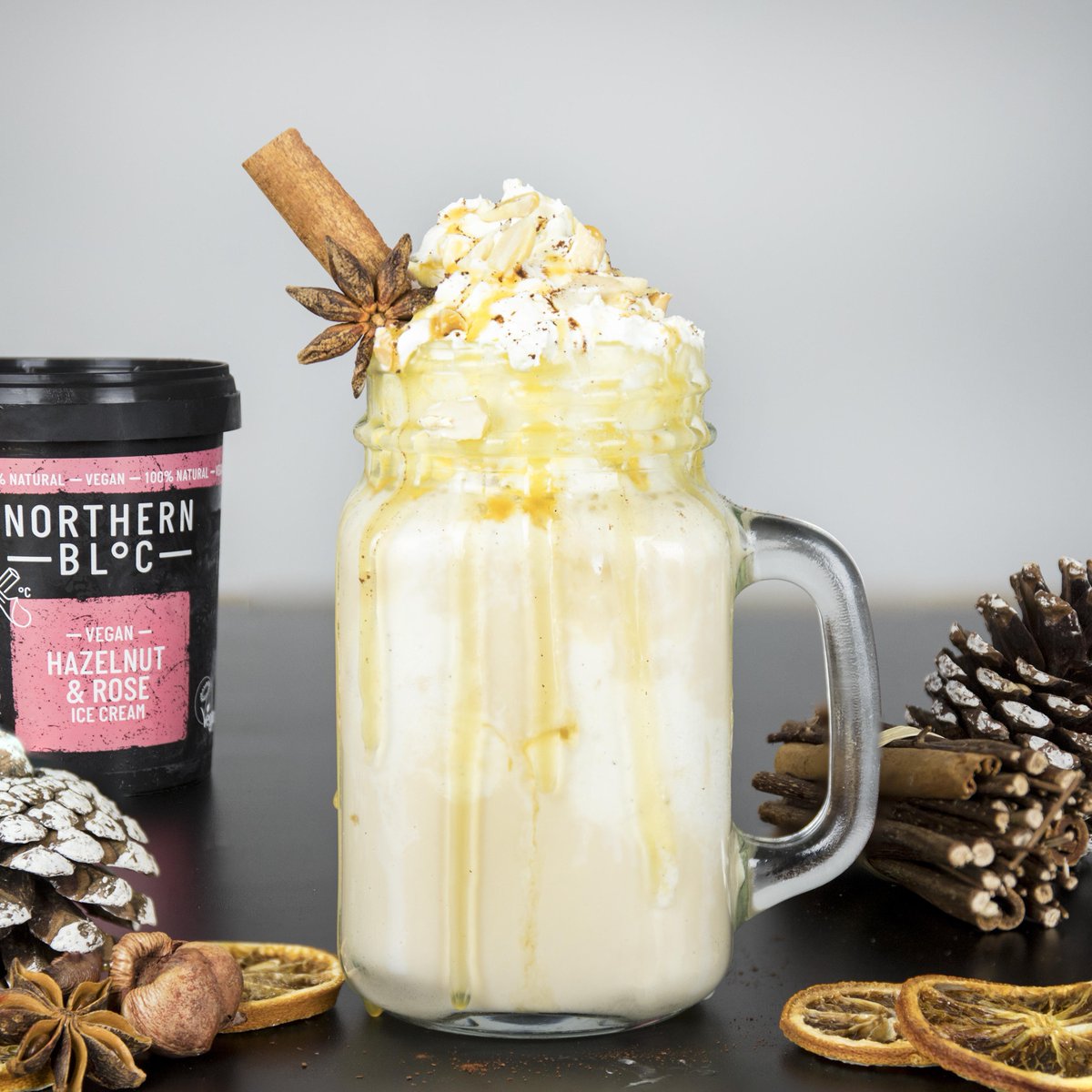 It's time to step up your Christmas beverage game. We mean WAY up. Try this Creamy Vegan Eggnog made with our Hazelnut &amp; Rose ice cream whipped coconut and flaked almond. Yes - it tastes as good as it looks. Eggnog's not for everyone but this festive bev is funking phenomenal.