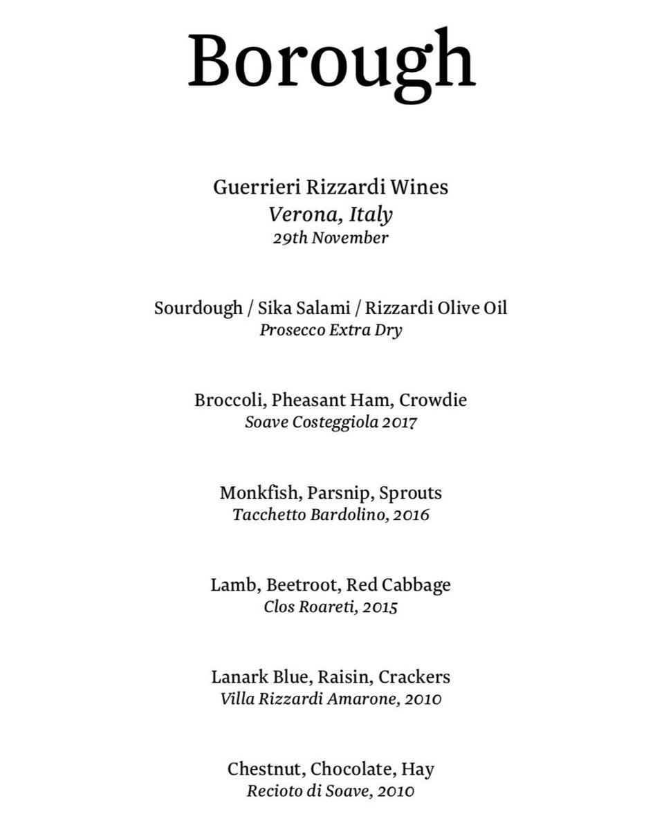 Tonight's Guerrieri Rizzardi Wine Tasting Menu...
.
.
#boroughleith #edinburghfood #edinburghwine #winetasting #winedinner #leith #edinburgh