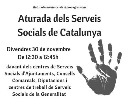 Donem suport a l'ATURADA dels #serveissocials 

📍demà 30/11 de 12:30 a 12:45

⛔️Condemem l'agressió a la nostra companya
⛔️Denunciem situació de desprotecció i condicions de precarietat #aturadaserveissocials #prouagressions ceesc.cat/2014-11-03-13-…