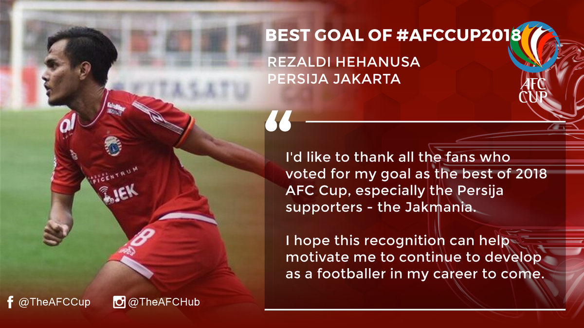TheAFCGL's tweet photo. 🎉 Congratulations to 🇮🇩 and @Persija_Jkt starlet Rezaldi Hehanusa for winning the Fans' Vote for Best #AFCCup2018 Goal!

To watch his goal and read all the details ➡️ https://t.co/4p6CYR1kZ0 https://t.co/tlBWPPz6Ym