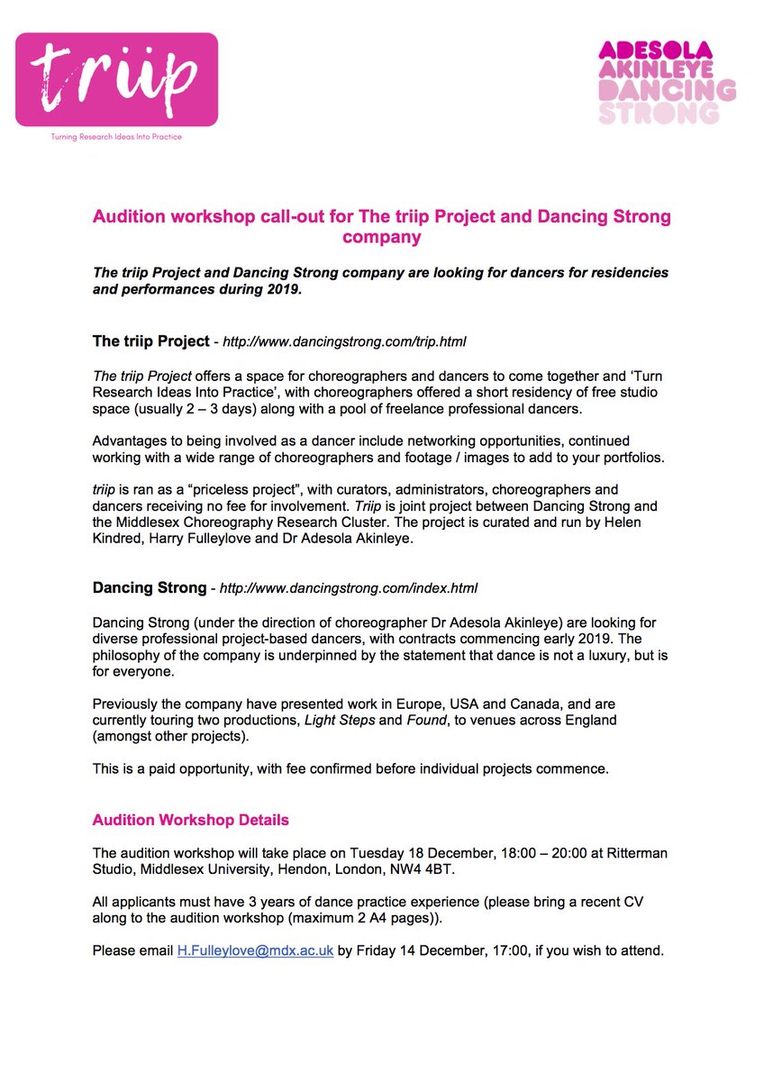 The triip Project (@thetriipproject) on Twitter photo ANNOUNCEMENT
<a href="/ThetriipProject/">The triip Project</a> and <a href="/Dancing_Strong/">DancingStrong Movement Lab</a> are very excited to announce that on Tuesday 18 December we will be holding a joint audition for 2019 projects. More details below: ANNOUNCEMENT
<a href="/ThetriipProject/">The triip Project</a> and <a href="/Dancing_Strong/">DancingStrong Movement Lab</a> are very excited to announce that on Tuesday 18 December we will be holding a joint audition for 2019 projects. More details below: