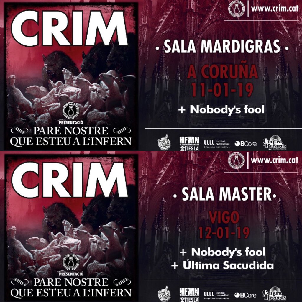 Nobodys__Fool's tweet photo. @Nobodys__Fool en Xaneiro acompañaremos aos @CrimPunkrock a presentar o seu novo disco 💿 ''Pare Nostre Que Esteu A L'infern'' pola Galiza. O 11 de Xaneiro estaremos na Coruña, na Sala Mardi Gras e o 12 acompañarémolos tamén en Vigo cos irmáns Última Sacudida na Sala Master! 🔥🔥 https://t.co/f76HeapxKM