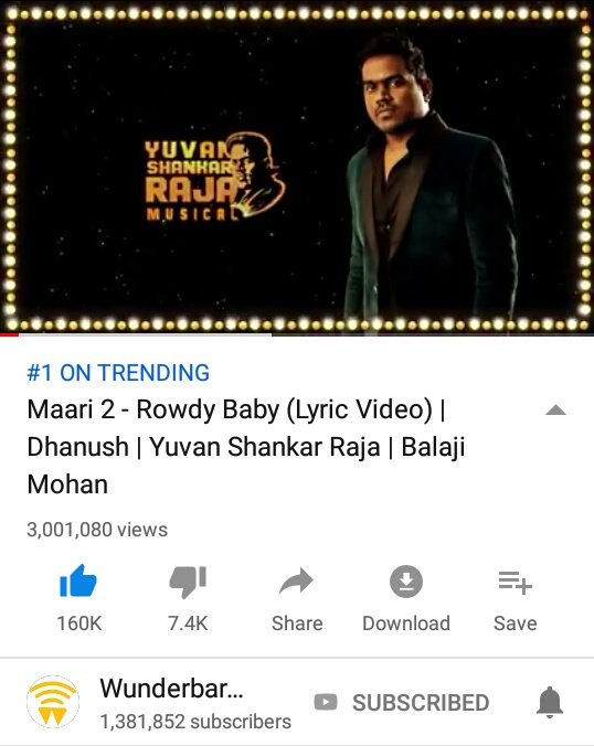 StarVersatile's tweet photo. Congrats 👏👏👏
3Million + Views & No1 On Trending #RowdyBaby 💥
A @thisisysr Musical 🎶
#Maari2
▶️https://t.co/5kVxtHMzmC
@dhanushkraja | @directormbalaji | @Sai_Pallavi92 #DNY
#Dhee #YuvanShankarRaja #Dhanush #Maari2Single https://t.co/wgFsqE6tRq