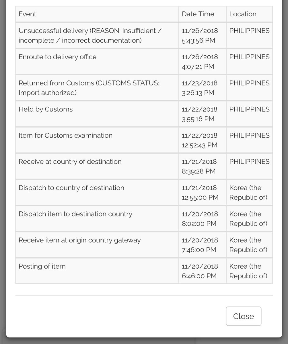 bomaeris's tweet photo. [UPDATE]

Just came from the post office, wala parin talaga. 😭 They said they haven’t received ANY package since Nov 16. So hindi lang pala akin yung delayed, pati the rest of the parcels na supposed to arrive here. Nasa PH na sila, baka daw nasa airport. 🙄

- https://t.co/YQURyGUBSj