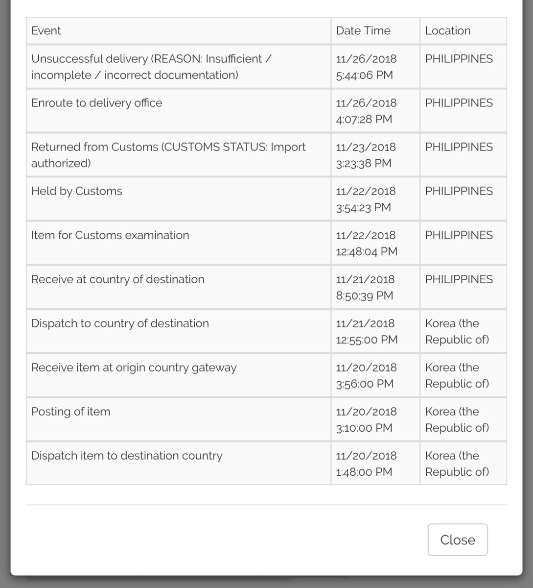 bomaeris's tweet photo. [UPDATE]

Just came from the post office, wala parin talaga. 😭 They said they haven’t received ANY package since Nov 16. So hindi lang pala akin yung delayed, pati the rest of the parcels na supposed to arrive here. Nasa PH na sila, baka daw nasa airport. 🙄

- https://t.co/YQURyGUBSj