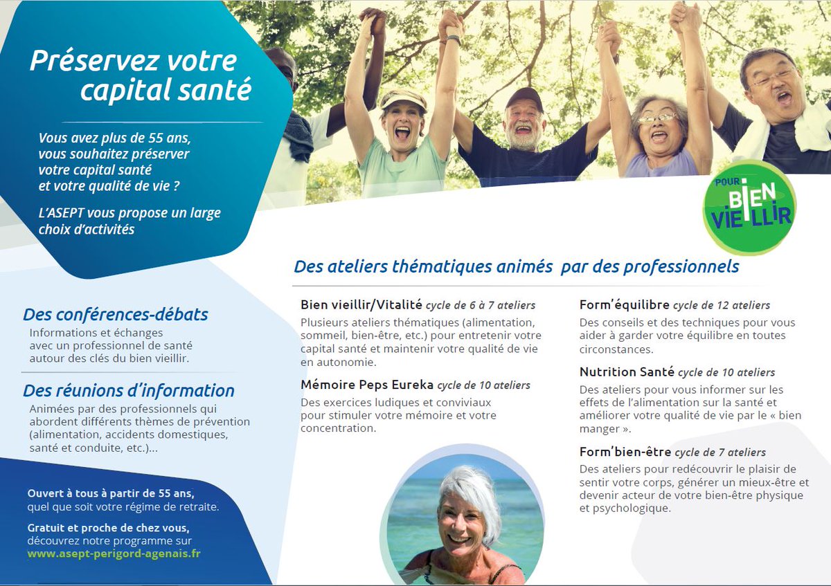 L'ASEPT Périgord Agenais se lance sur TWITTER ! Retrouvez toutes nos actions de prévention santé seniors sur notre site internet asept-perigord-agenais.fr (actions entièrement financées par les caisses de retraite et l'ARS)