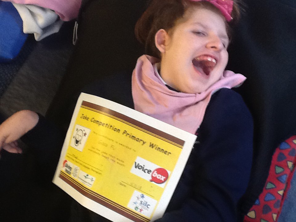 EastSilc's tweet photo. Our Primary joke competition winner is Grace who used her switch to say "What do you call cheese that's not yours? Nacho cheese!”.#aac #lowtech #switchuser #voiceboxcompetition @GivingVoiceUK @RCSLT https://t.co/GbHhzcGHQi