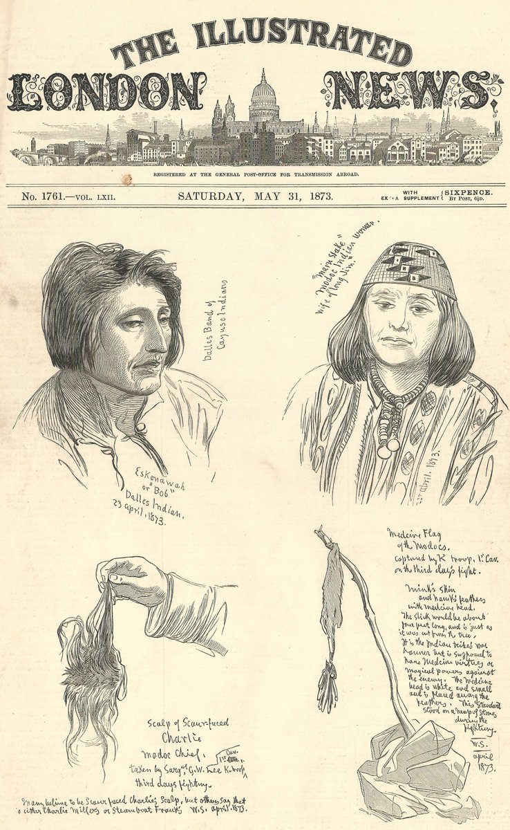 antiquemapsuk's tweet image. ow.ly/jVCe30mNlKw #OTD in 1872 the #ModocWar, or #LavaBedsWar between the #UnitedStatesArmy and a group of #Modoc's who had left the #IndianTerritory #reservation. It began with the  Battle of Lost River. ILN front page records the outcome. #scalp of Scar-faced Charlie