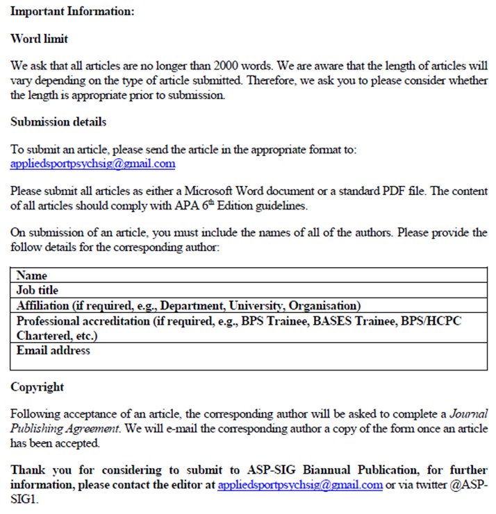 DSEP Northern Applied Hub (@dsepnorthernhub) on Twitter photo ASP-SIG Biannual Publication - Call for papers.
As part of our winter publication, we are calling for contributors to share their experiences in applied sport psychology! Please submit your contributions via the twitter messenger or email us on appliedsportpsychsig@gmail.com ASP-SIG Biannual Publication - Call for papers.
As part of our winter publication, we are calling for contributors to share their experiences in applied sport psychology! Please submit your contributions via the twitter messenger or email us on appliedsportpsychsig@gmail.com
