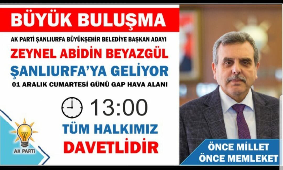 Sn.Cumhurbaşkanımız <a href="/RT_Erdogan/">rt_erdogan</a>’ın teveccühüyle <a href="/akparti/">AK Parti</a> ’mizin Şanlıurfa Belediye Başkanı @abeyazgul2 uygun görülmüştür. Siz değerli hemşehrilerimizin  destekleriyle Peygamberler Şehrimiz Şanlıurfamıza gelecektir. Karşılama Törenine tüm halkımız davetlidir. <a href="/akpartiurfa/">AK PARTİ ŞANLIURFA</a>