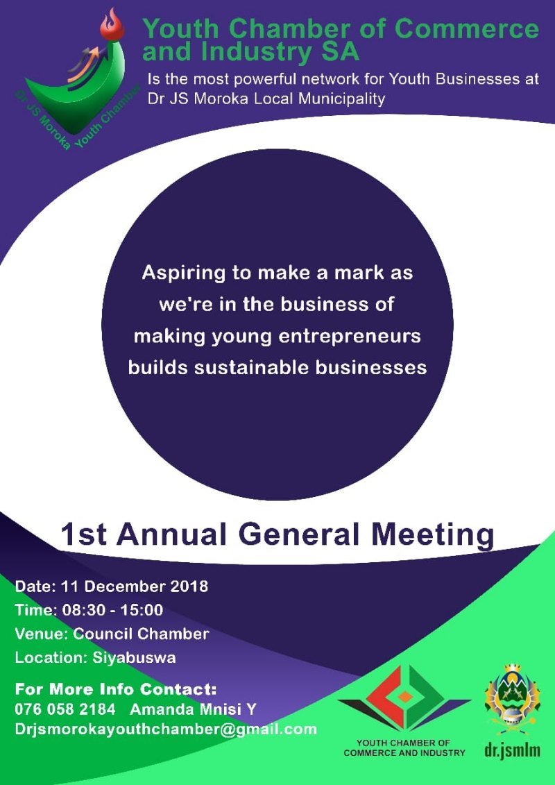 MorokaJs's tweet image. #Rise DR JS Moroka Rise

The Youth Chamber from DR JS Moroka Municipality invites you to join them for the launch that will take place at Council Chamber Siyabuswa B.Rsvp :Amanda drjsmorokayouthchamber@gmail.com