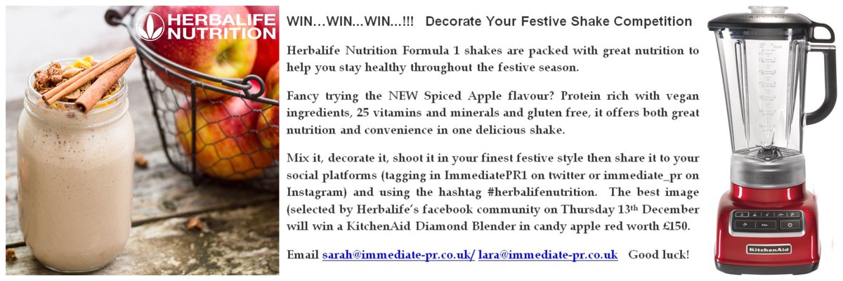 Want to #Win a KitchenAid Blender? If you're a #blogger &amp; fancy trying a #herbalifenutrition F1 protein shake in NEW Spiced Apple flavour, get in touch! All we ask is you mix, style &amp; shoot it in your finest festive style. Best shot judged by Herbalife's facebook community Dec 13