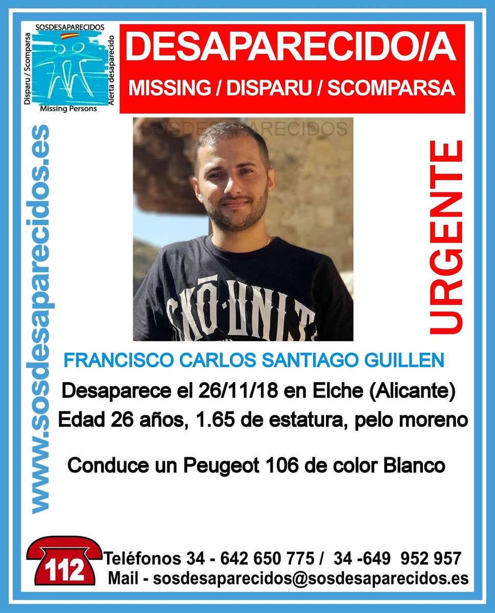 🆘URGENTE⚠
Seguimos buscando a Francisco. #desapareció en Elche/Elx #Alicante
¿Lo has visto? Llámanos:
☎️062
☎️112
Tu RT puede ayudarle