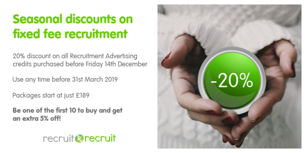 recruitRrecruit's tweet image. Are you looking to recruit in the first quarter of 2019? Take a look at our Fixed Fee Recruitment Packages - you can save 20% if you buy before 14th December - but you can use anytime before 31st March 2019! recruitrecruit.co.uk/direct-adverti…
#recruitment #noplacementfee #fixedfee