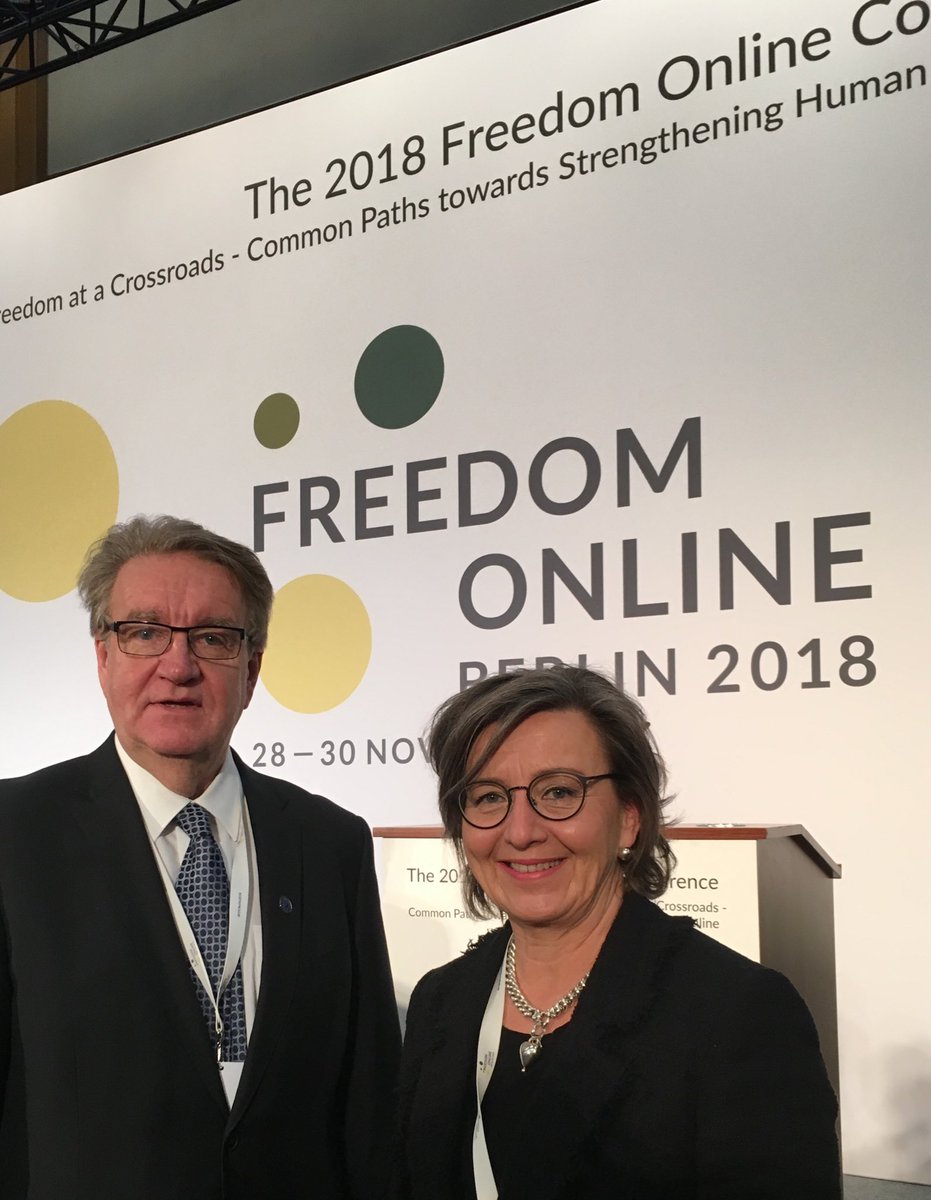 RaunoMerisaari's tweet photo. With #Cyber Ambassador Pia Rantala-Enberg representing @Ulkoministerio at @FO_Coalition conference in Berlin. #HumanRights must be respected online as offline. #Right to #INFORMATION #FreedomofExpression for all. #FO2018 https://t.co/1UJxqv9qXD