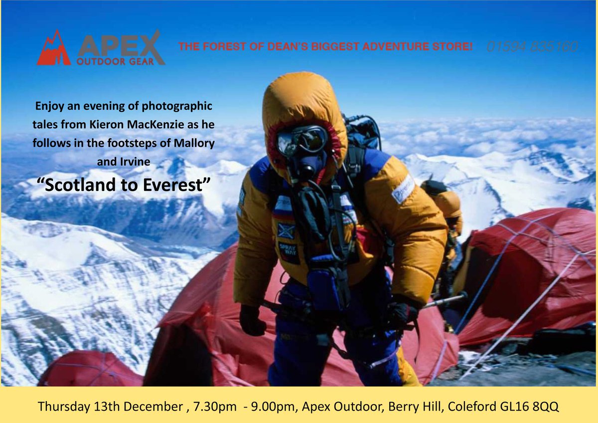 Excited to give an illustrated talk on 13th December on  behalf of Apex Outdoors.  A trip down memory lane for me as I  present my interest and progression in the outdoors from hillwalking in  Scotland to climbing Everest.  Apex will be fundraising for their local SARDA team.
